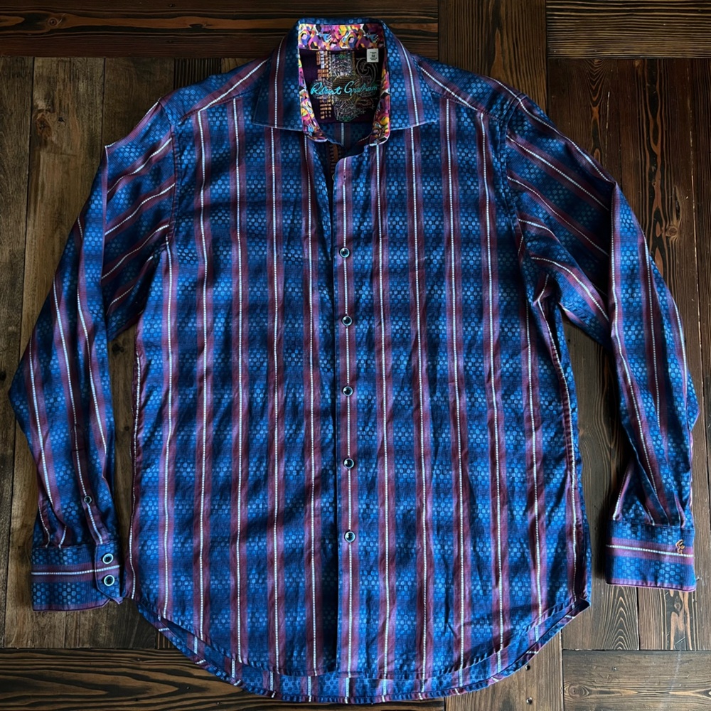 ROBERT GRAHAM • Classic Fit Button up Geometric Stripe Shirt Luxury flip cuff